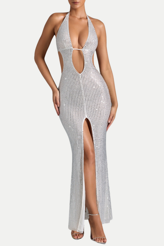 TORIE HALTER CRYSTAL CUTOUT SLIT MAXI DRESS