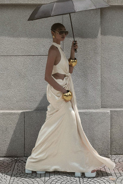 stephanie Cutout Waist halter Maxi Dress in beige