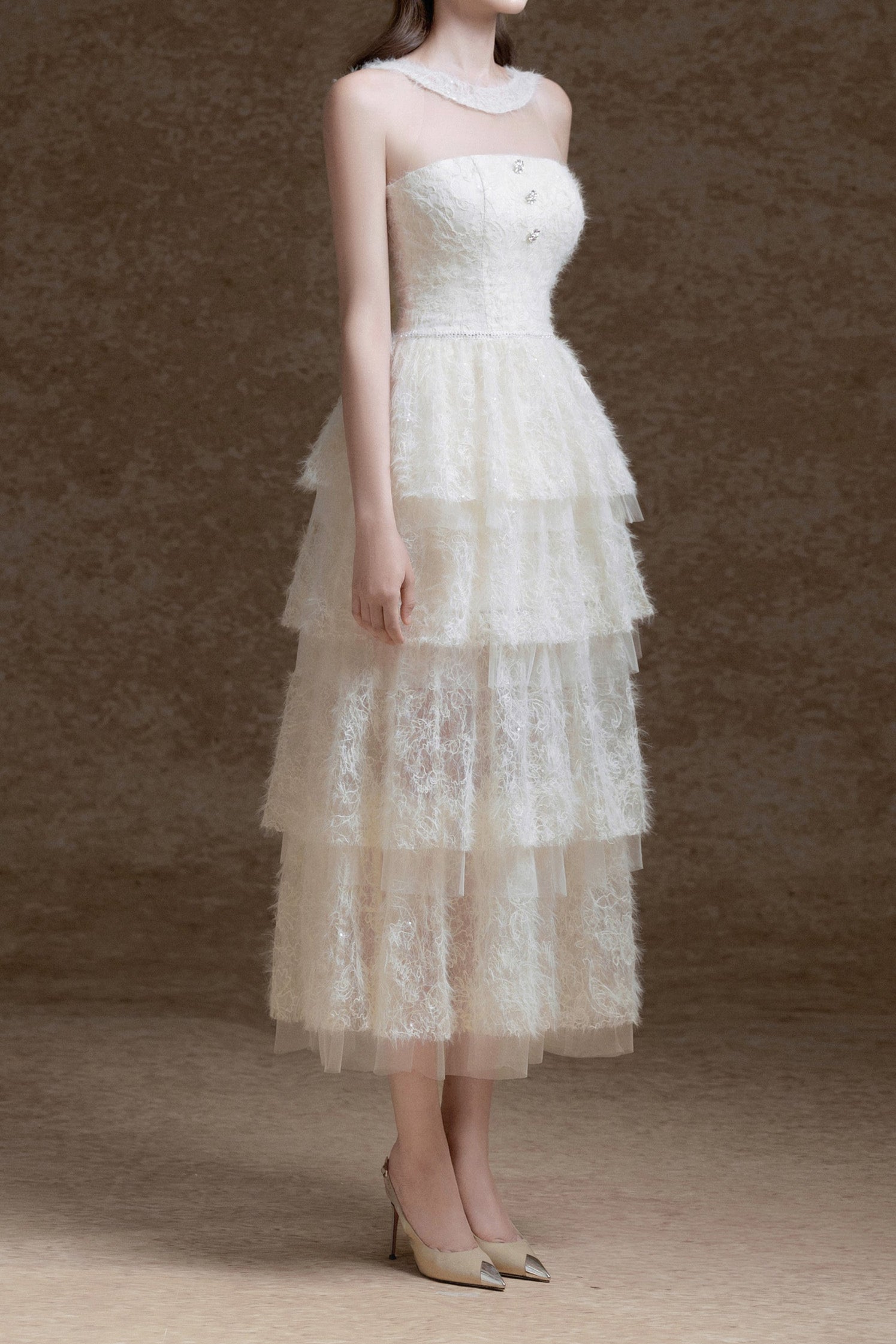 alison mesh stitching layer dress in white