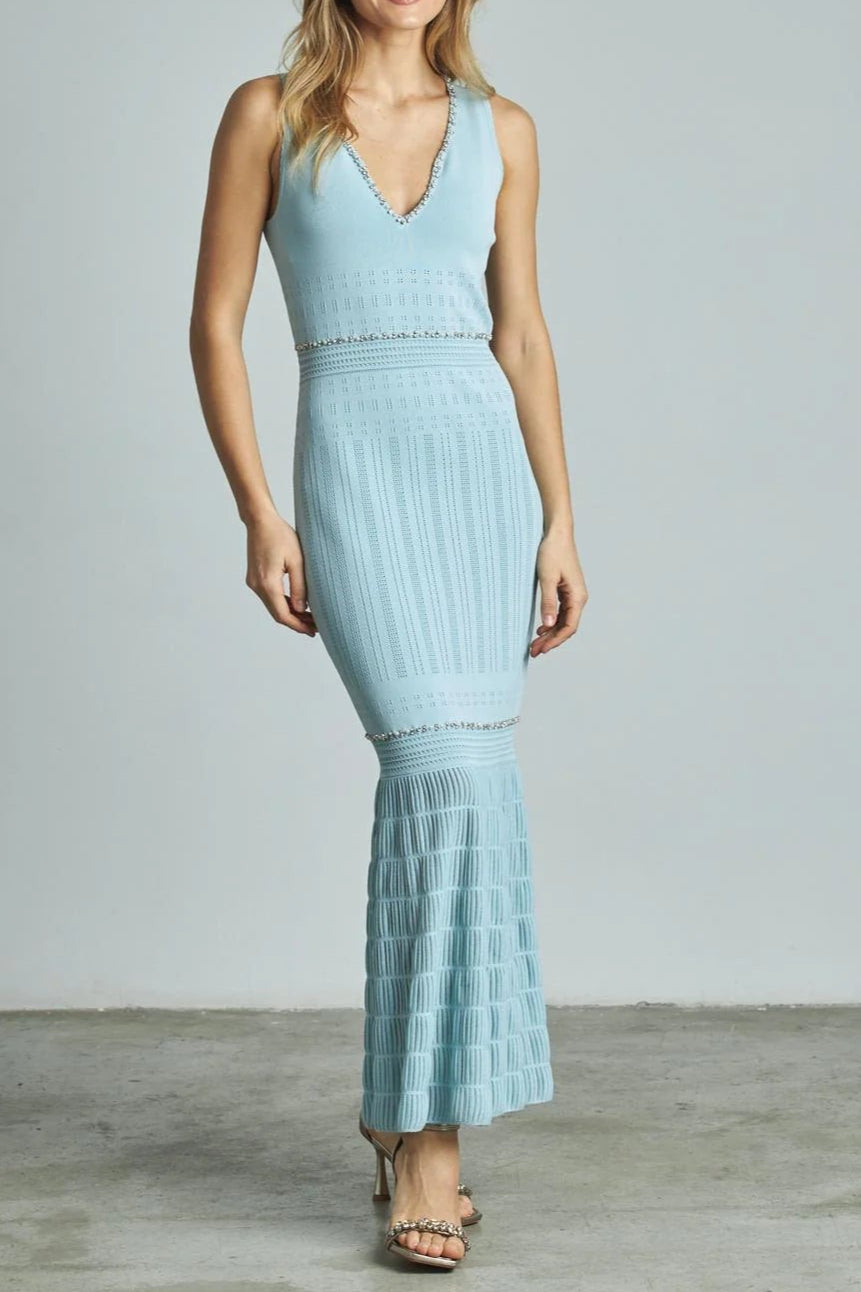 v-neck Beading knit bodycon maxi dress in pale blue