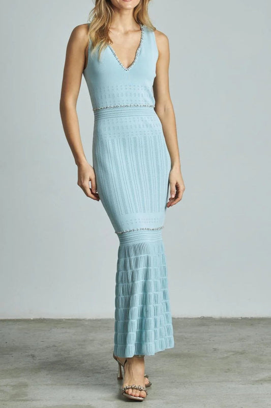v-neck Beading knit bodycon maxi dress in pale blue