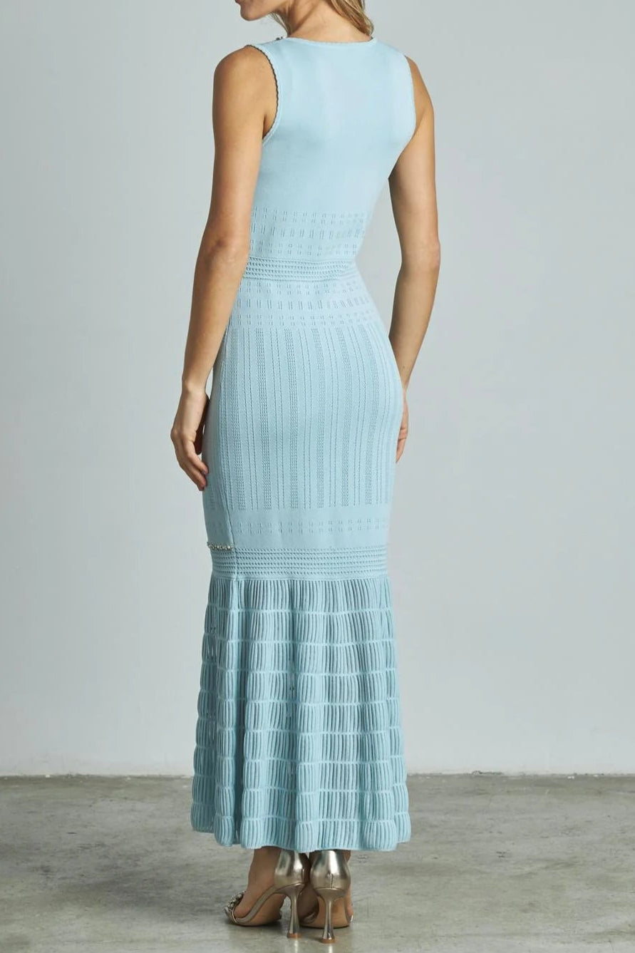 v-neck Beading knit bodycon maxi dress in pale blue