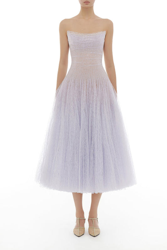 ABITO MIDI IN PIZZO DRAPPEGGIATO VIOLA