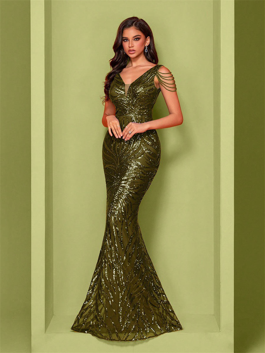 Green Sequin Chain Mermaid Cocktail Dress