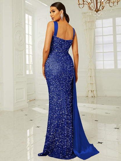 Ribbon Corset Sequin Maxi Prom Dress