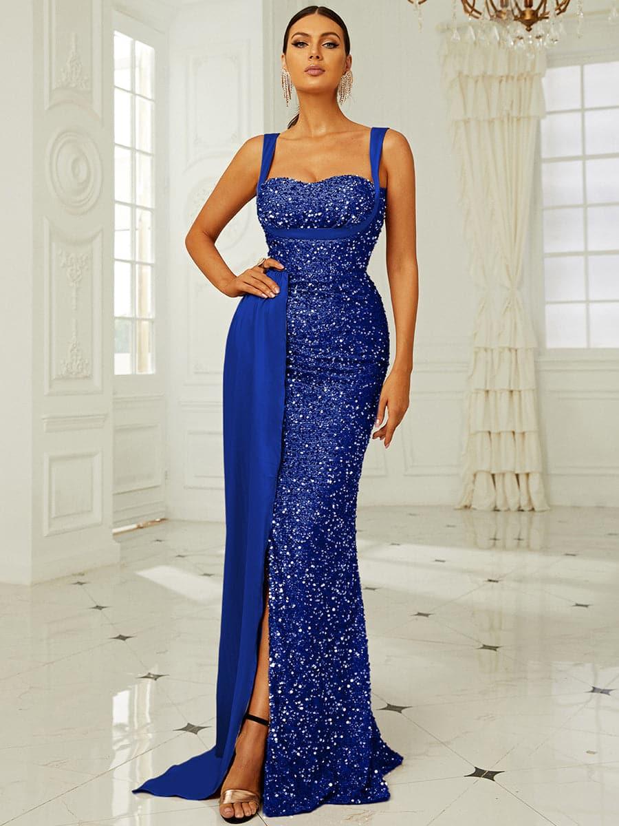 Ribbon Corset Sequin Maxi Prom Dress