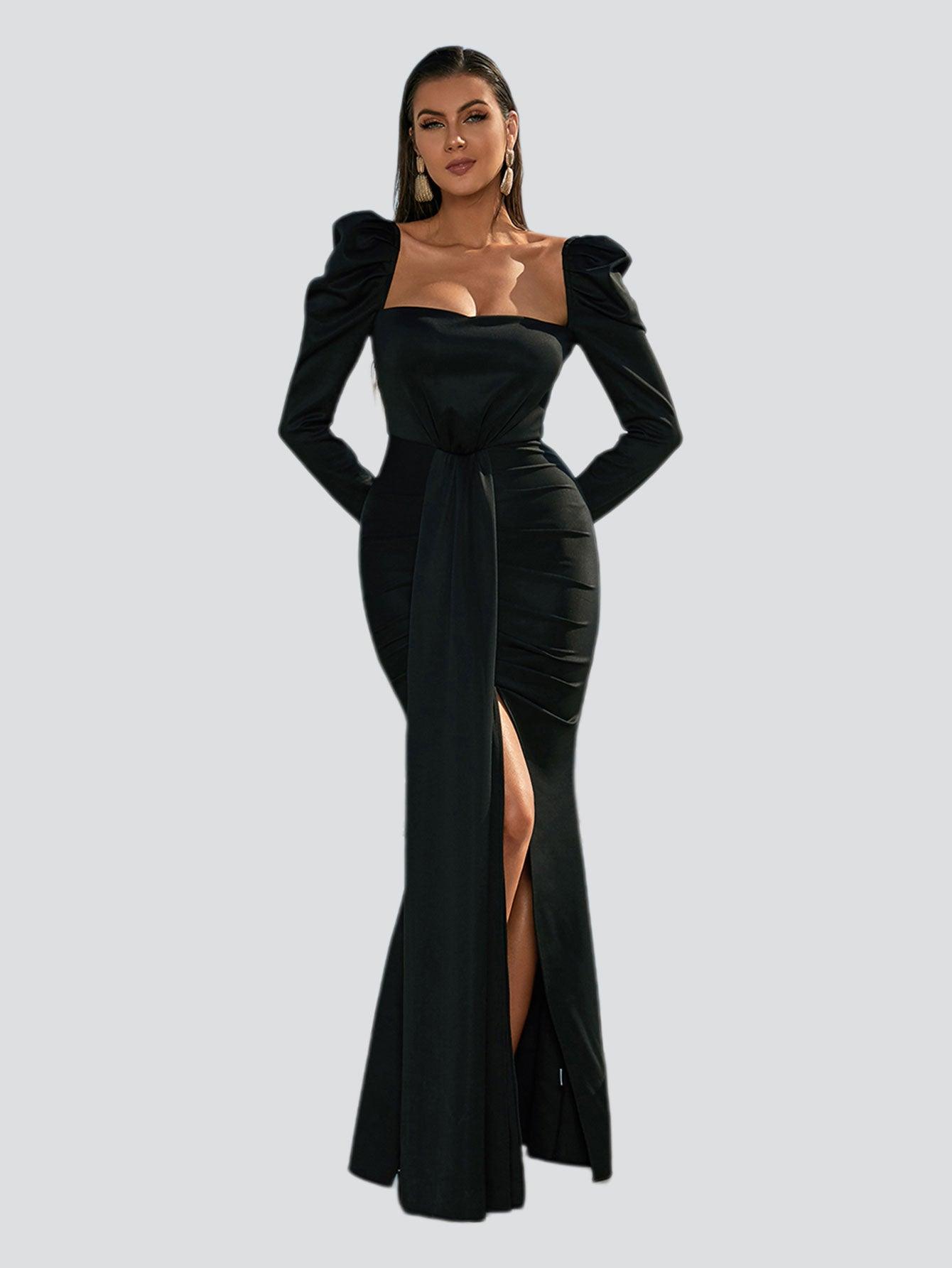 Puff Long Sleeve Split Black Mermaid Prom Dress