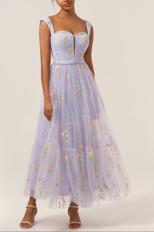 Princess A Line Sweetheart Light Purple Long Prom Dress with Embroidery