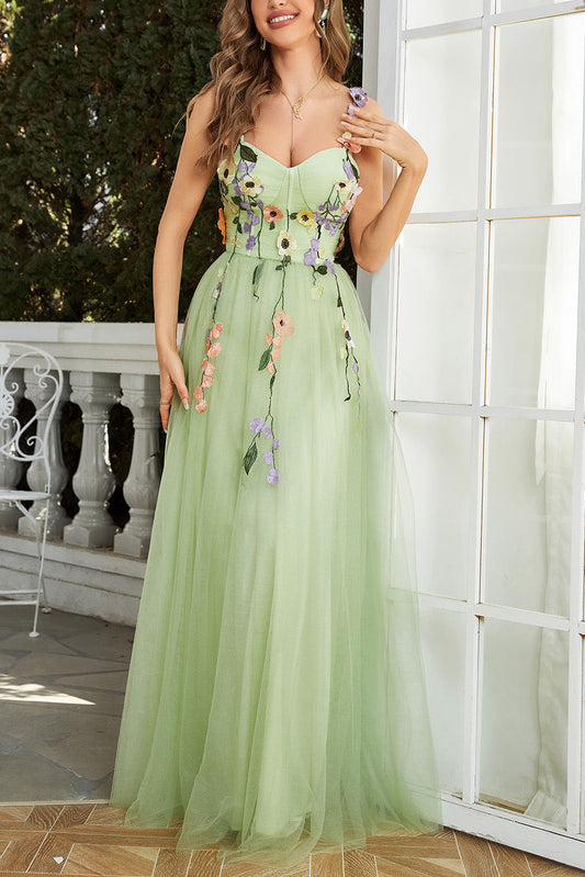 3D Flowers A Line Spaghetti Straps Green Prom Dress