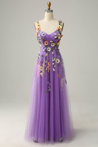 3D Flowers A Line Spaghetti Straps Green Prom Dress