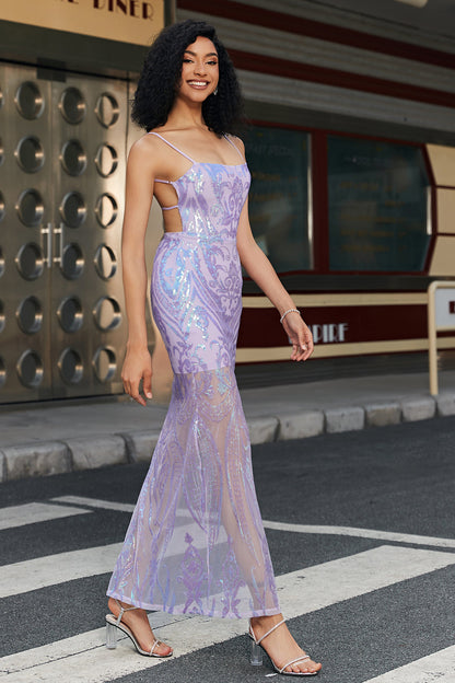 Abito da ballo lungo viola chiaro con spalline sottili e schiena scoperta alla moda
