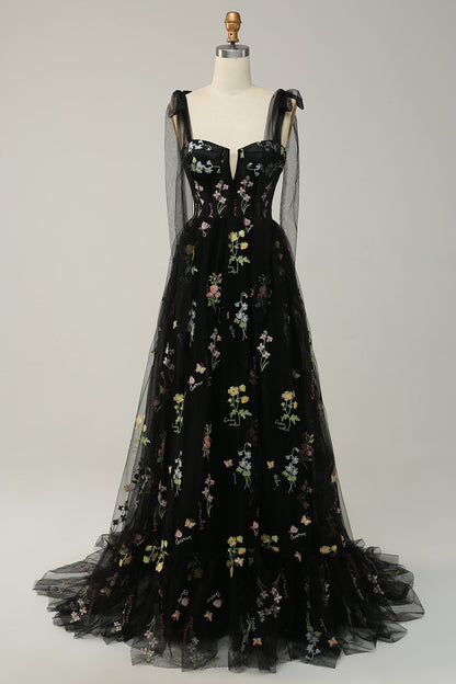 Lavender Tulle A Line Corset Plus Size Prom Dress with Embroidered
