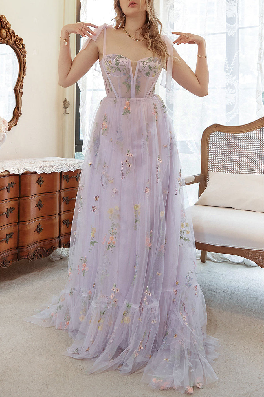 Lavender Tulle A Line Corset Plus Size Prom Dress with Embroidered