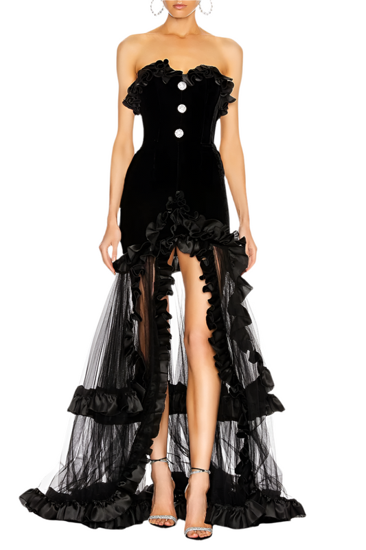 Abito lungo in rete senza spalline con volant Yalie