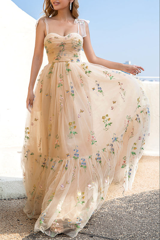 A Line Spaghetti Straps Champagne Prom Dress with Appliques