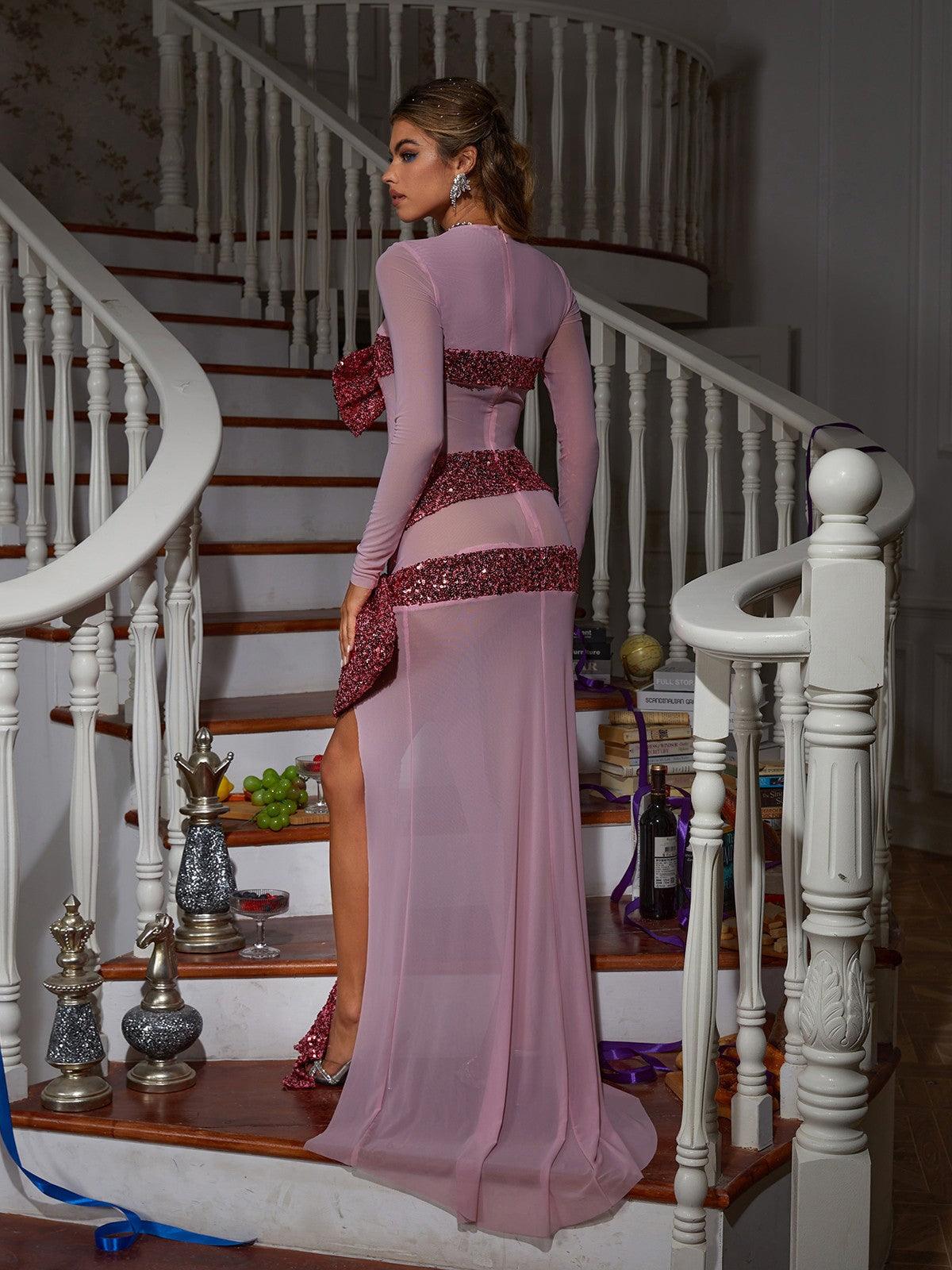 Abito con paillettes e fiocco a maniche lunghe Zachary