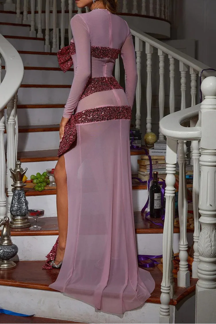 arlene Zachary Long Sleeve Bow Sequin Dress