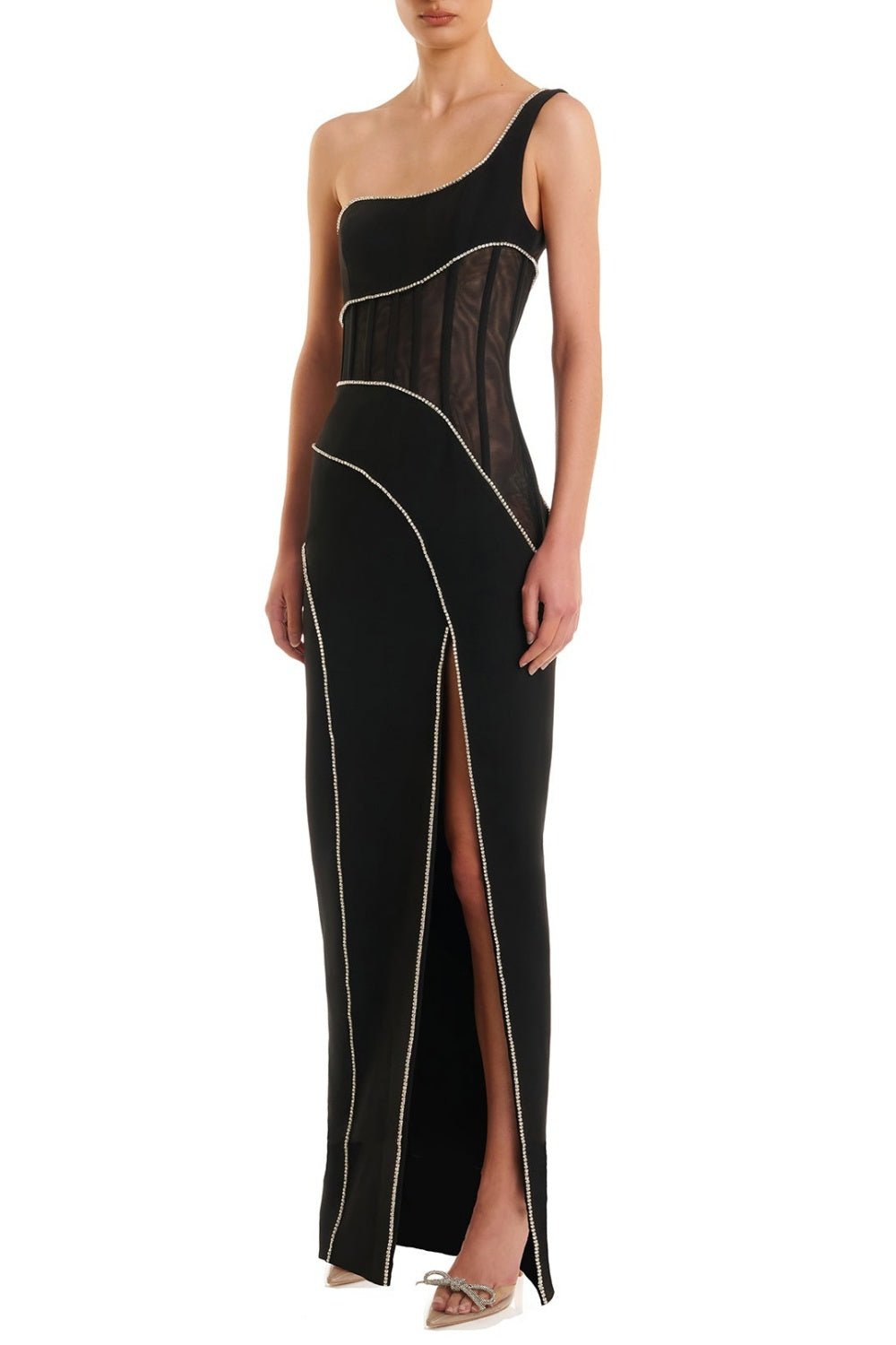 Abito lungo con spacco e monospalla in rete con diamanti Zoraida