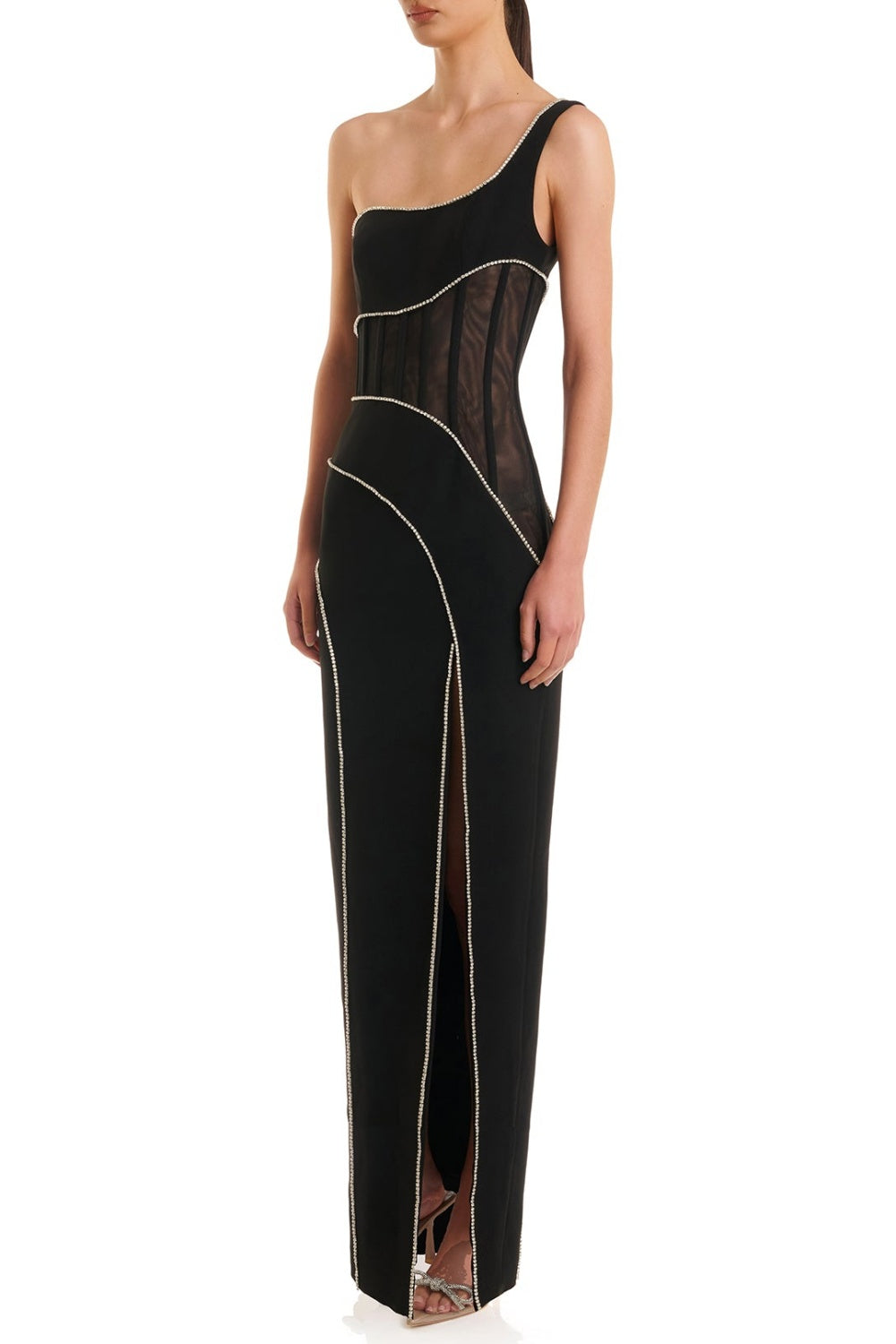 Abito lungo con spacco e monospalla in rete con diamanti Zoraida