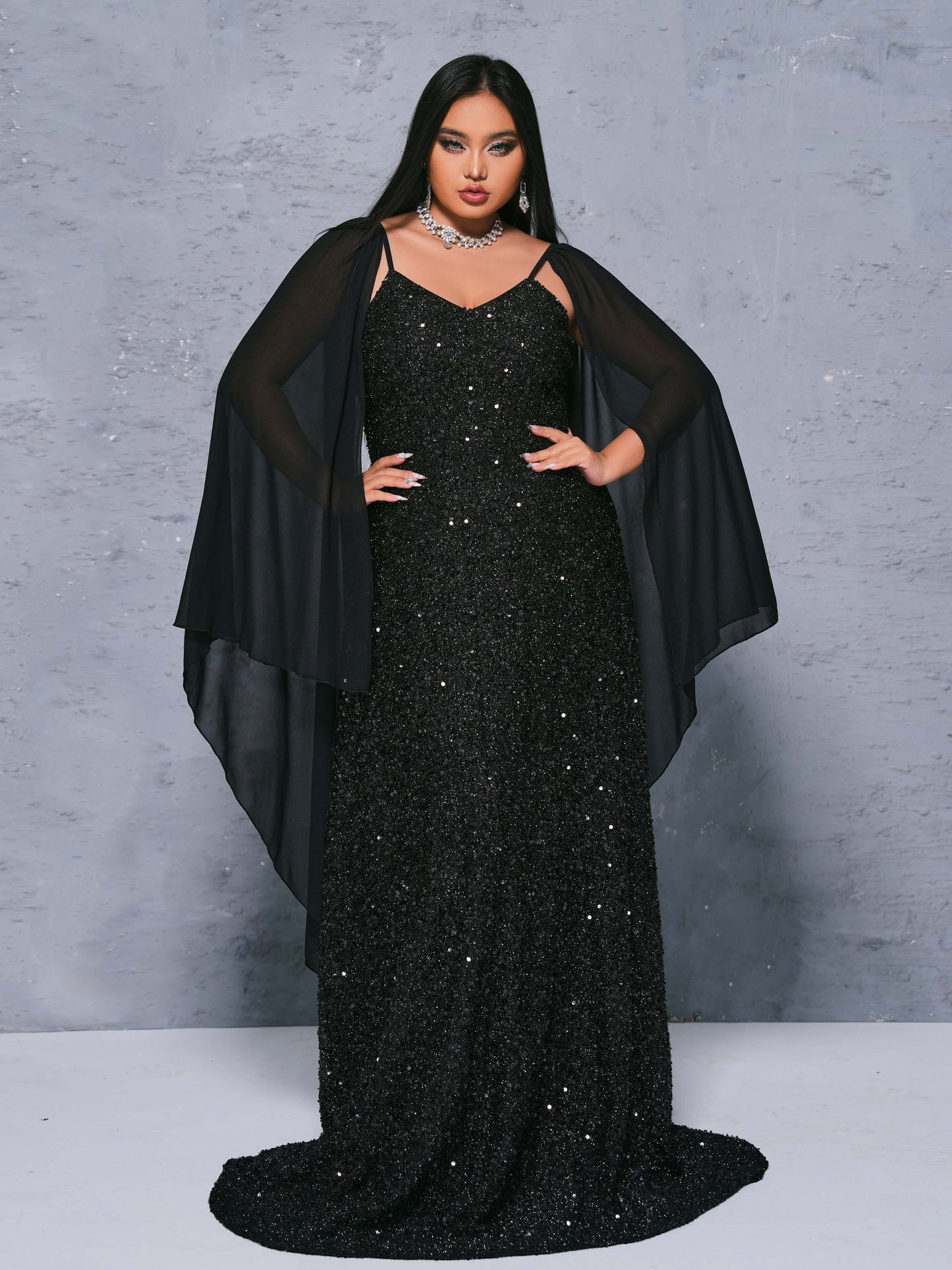 Plus Cape Spaghetti Strap Sequin Dress