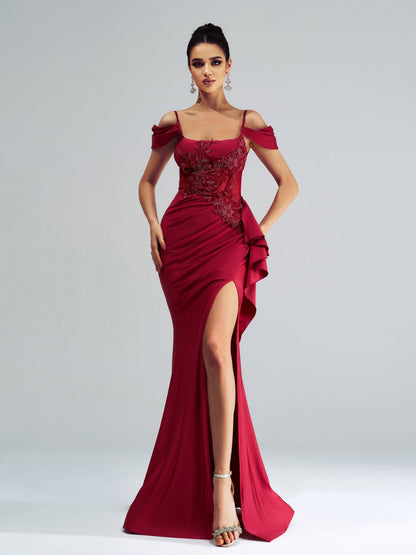 Red Embroidered Ruffled Mermaid Prom Dress