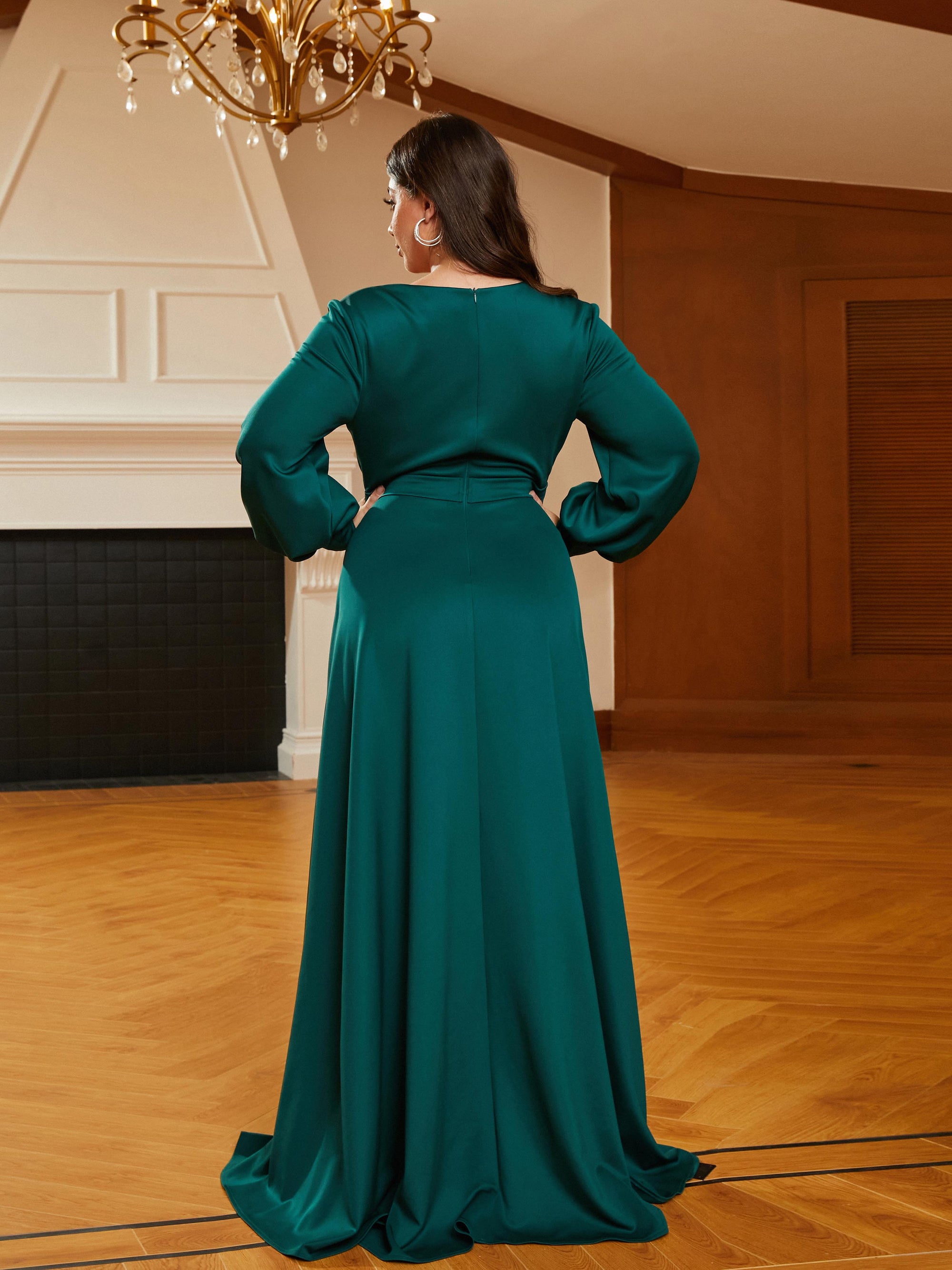 Plus Size V-neck A-line Belt Green Wedding Guest Dress