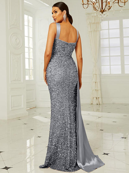 Ribbon Corset Sequin Maxi Prom Dress