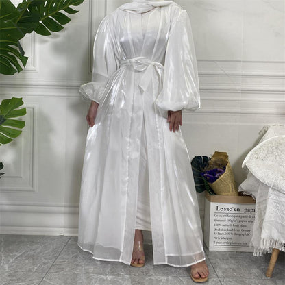 Shiny Silk Balloon Sleeves Lined Cardigan