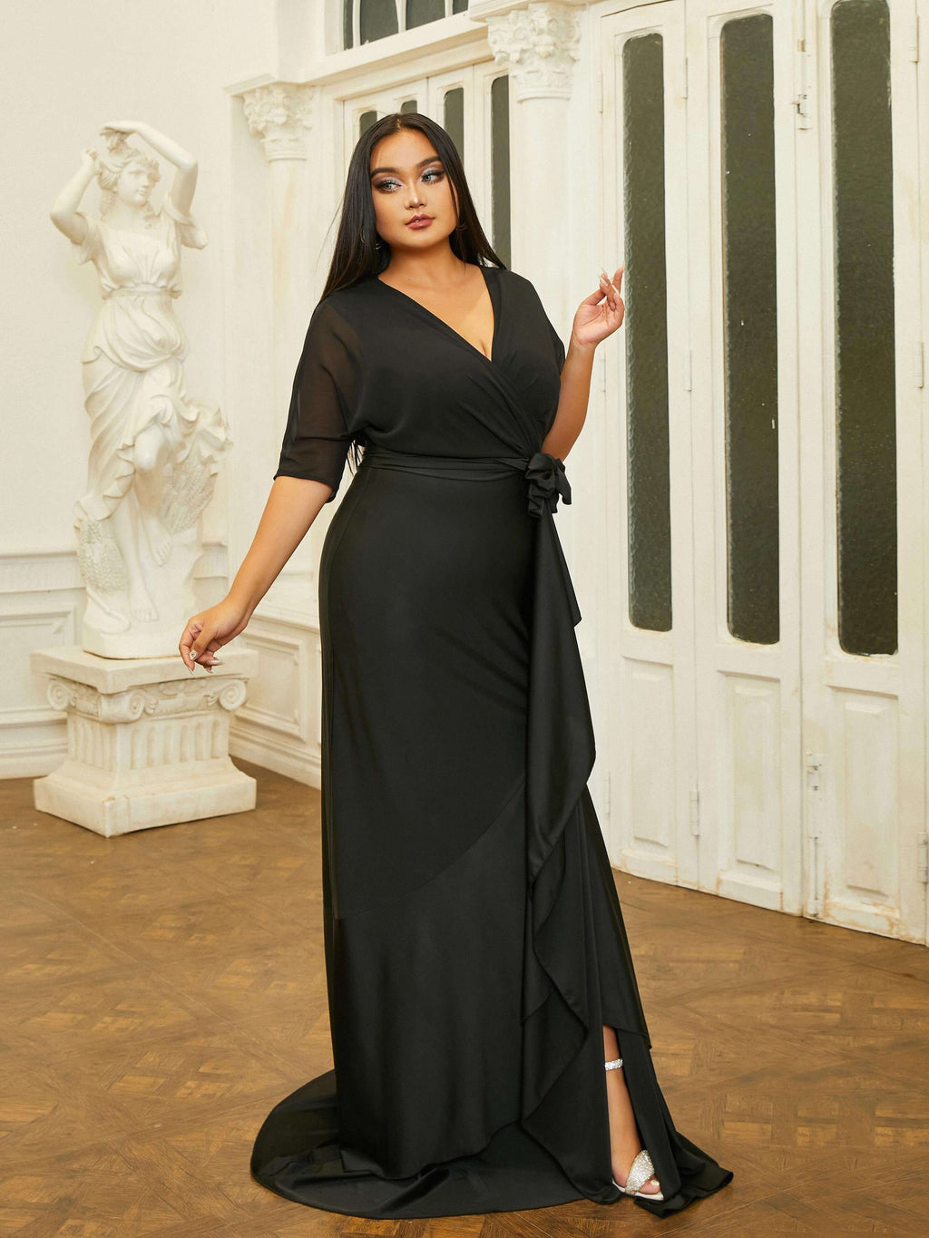 Plus Size Bow Knot V-neck Mermaid Prom Dress