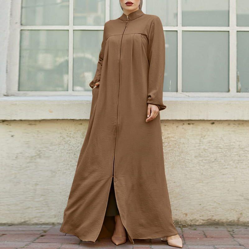 Muslim Style Arabic Style Stand-up Collar Zipper Pockets Abaya Casual Dresses
