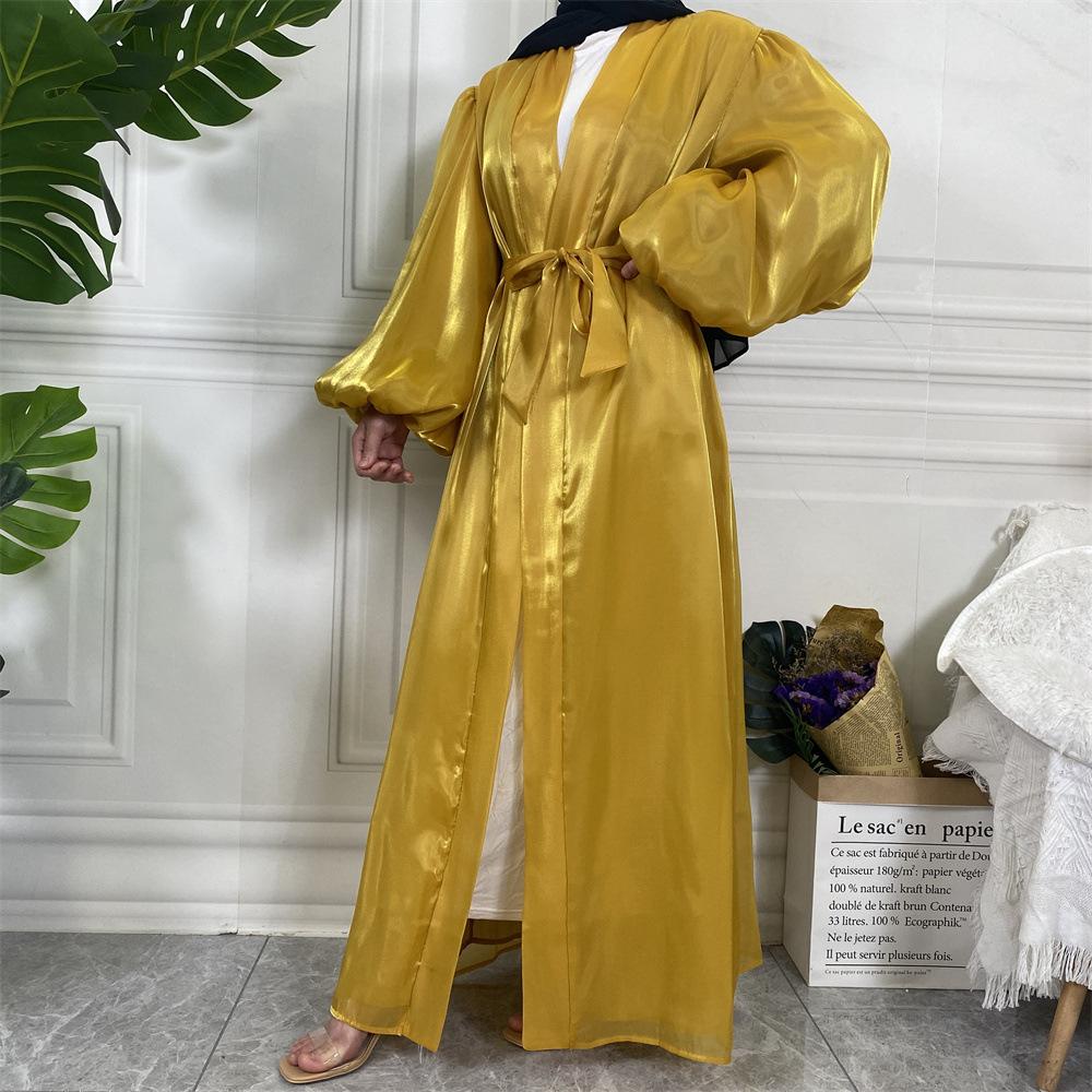 Shiny Silk Balloon Sleeves Lined Cardigan