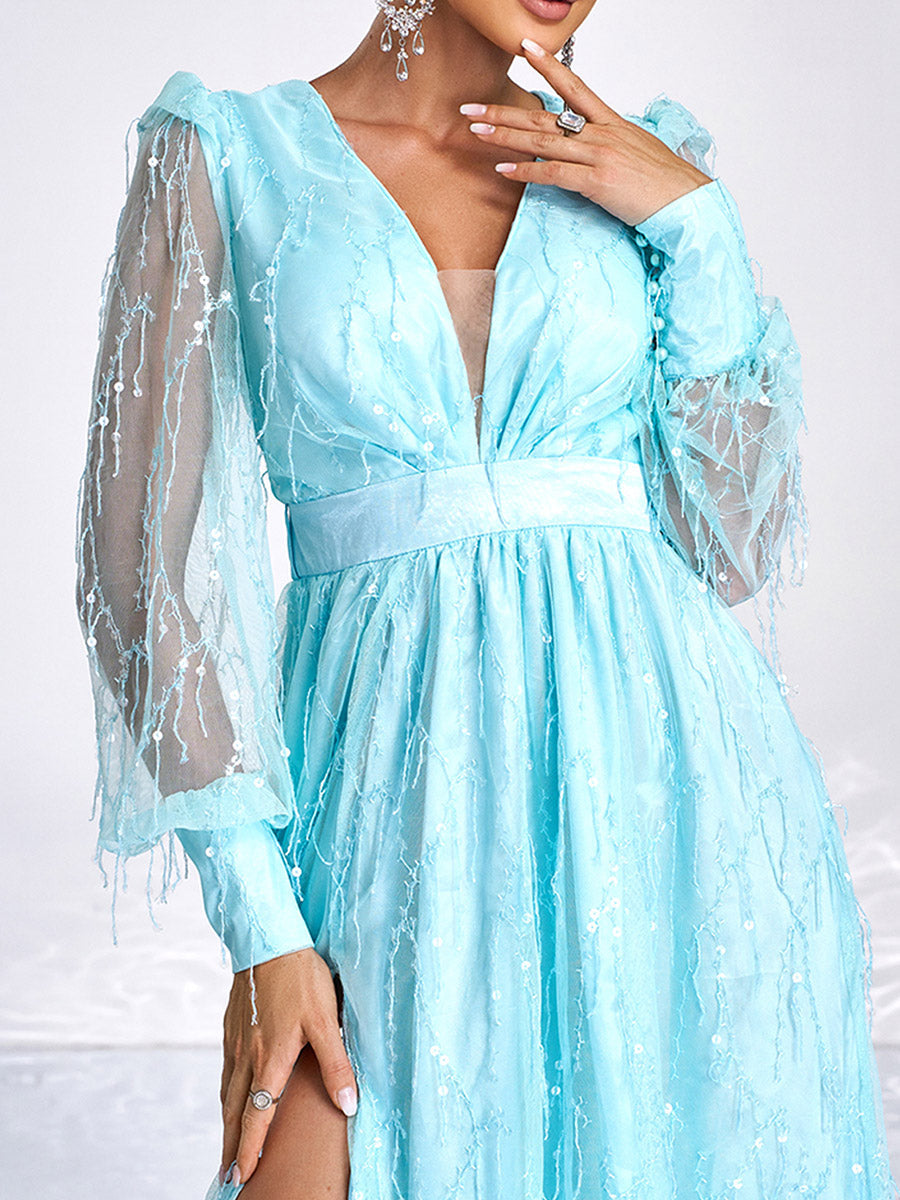 Sequin Fringed Bowknot Prom Dress