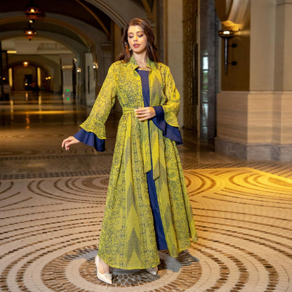 2 Pcs Suit Middle East Evening Dress Cross-border Muslim Lady Lotus Leaf Sleeve New Dress Abaya Robe
