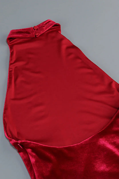 michaelia halterneck Fringe Velvet Dress in Burgundy