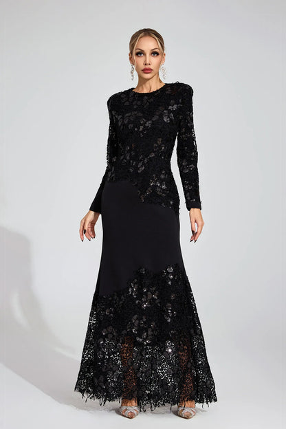 joanna Black long sleeve Embroidered Maxi Dress