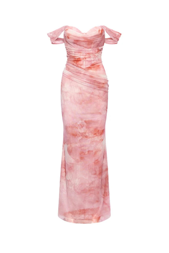 sylvia pink Off-shoulder Pleated Gradient-dyed maxi Dress