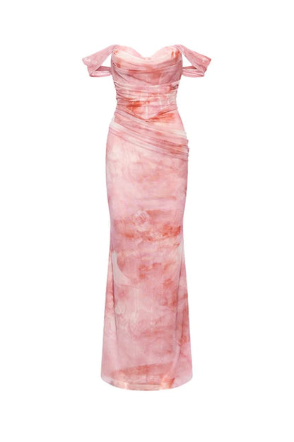 sylvia pink Off-shoulder Pleated Gradient-dyed maxi Dress