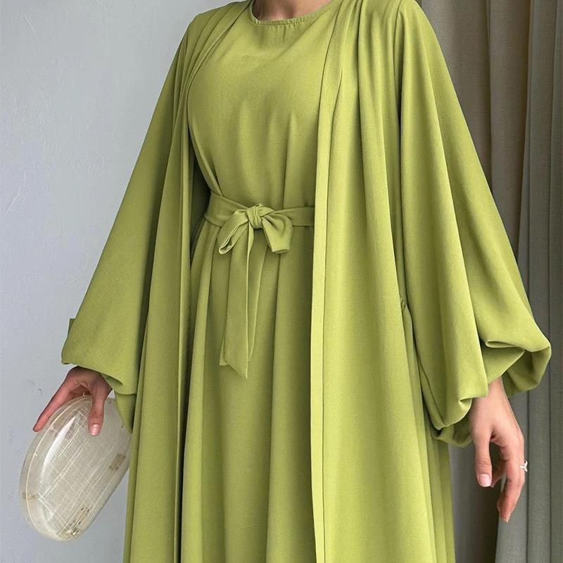 Two Pieces Set Nidha Open Abaya with Bubble Sleeves and Inner Dress