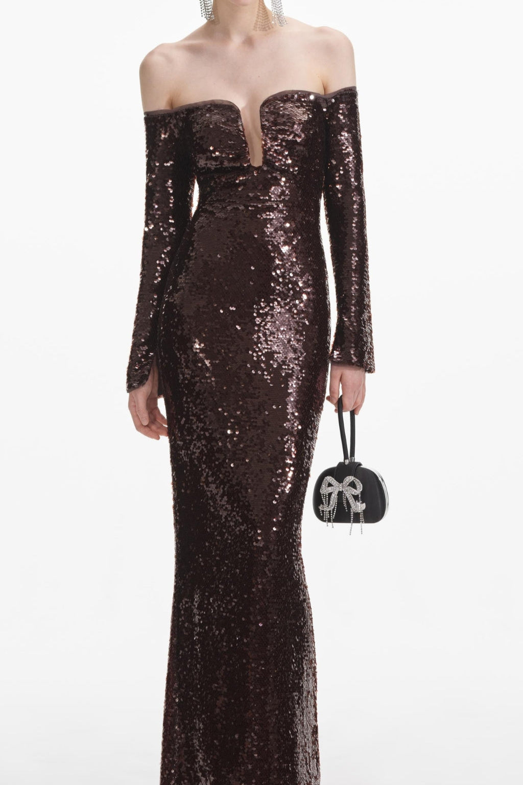 long sleeve sequin maxi dress in brown