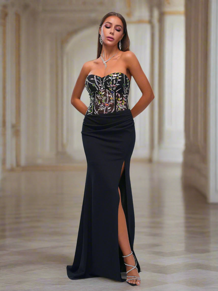 Floral Sequin Tube Top Panel Split Dress
