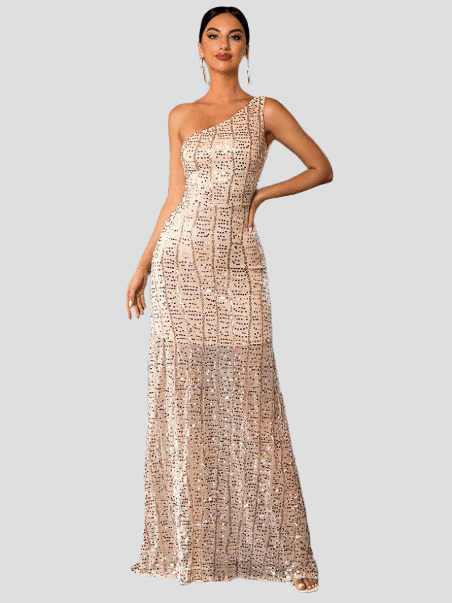 One Shoulder Sequins Maxi Prom Dress