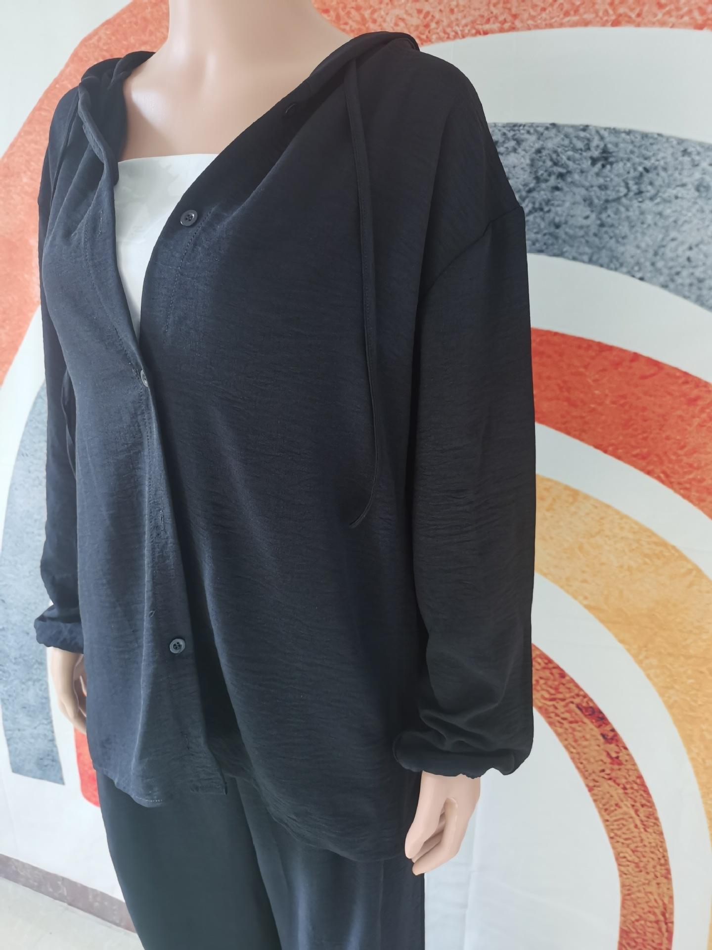 Casual Long Sleeved Hooded Shirt Jacket+straight Leg Pants 2pcs Set