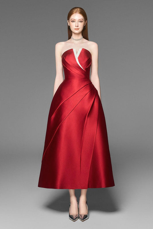 Abito midi in taffetà con pieghe sul petto senza spalline Almira