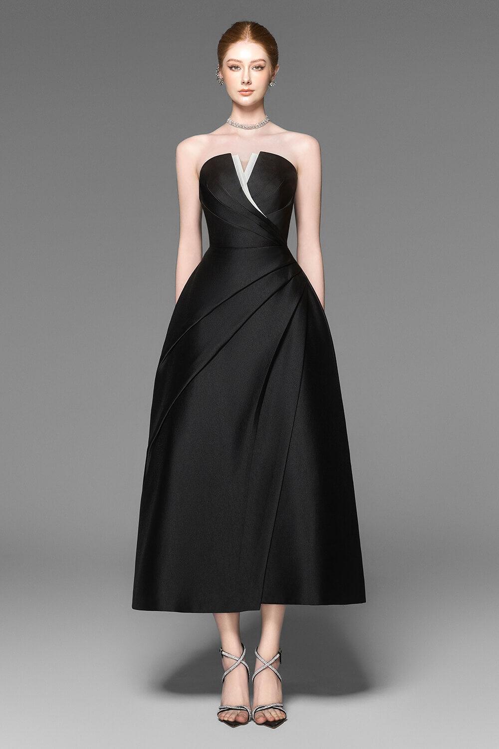 Abito midi in taffetà con pieghe sul petto senza spalline Almira