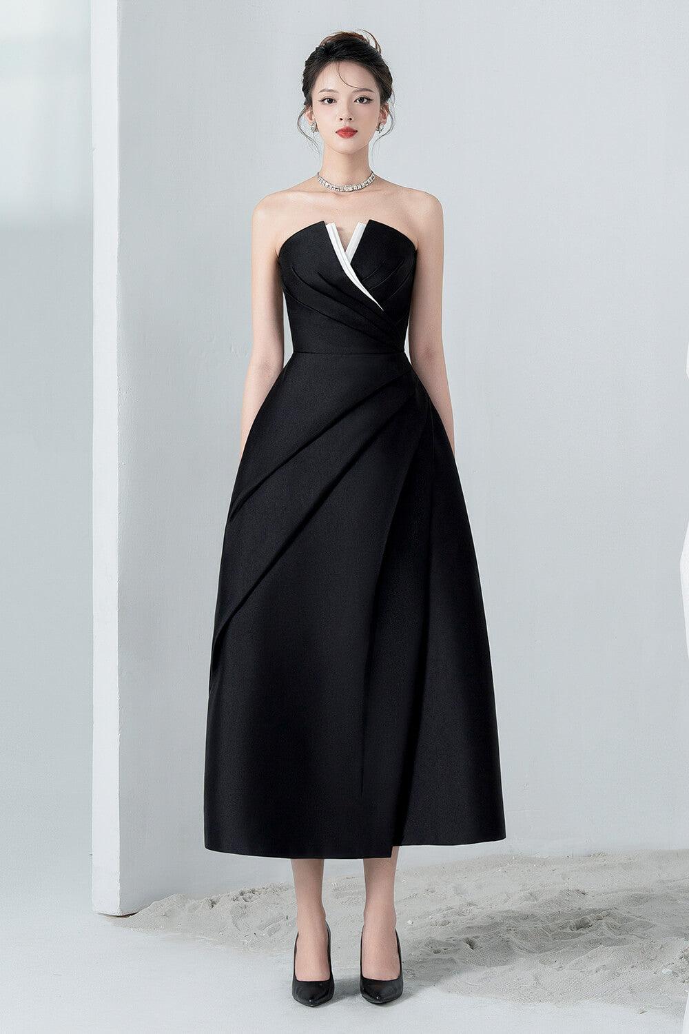 Abito midi in taffetà con pieghe sul petto senza spalline Almira