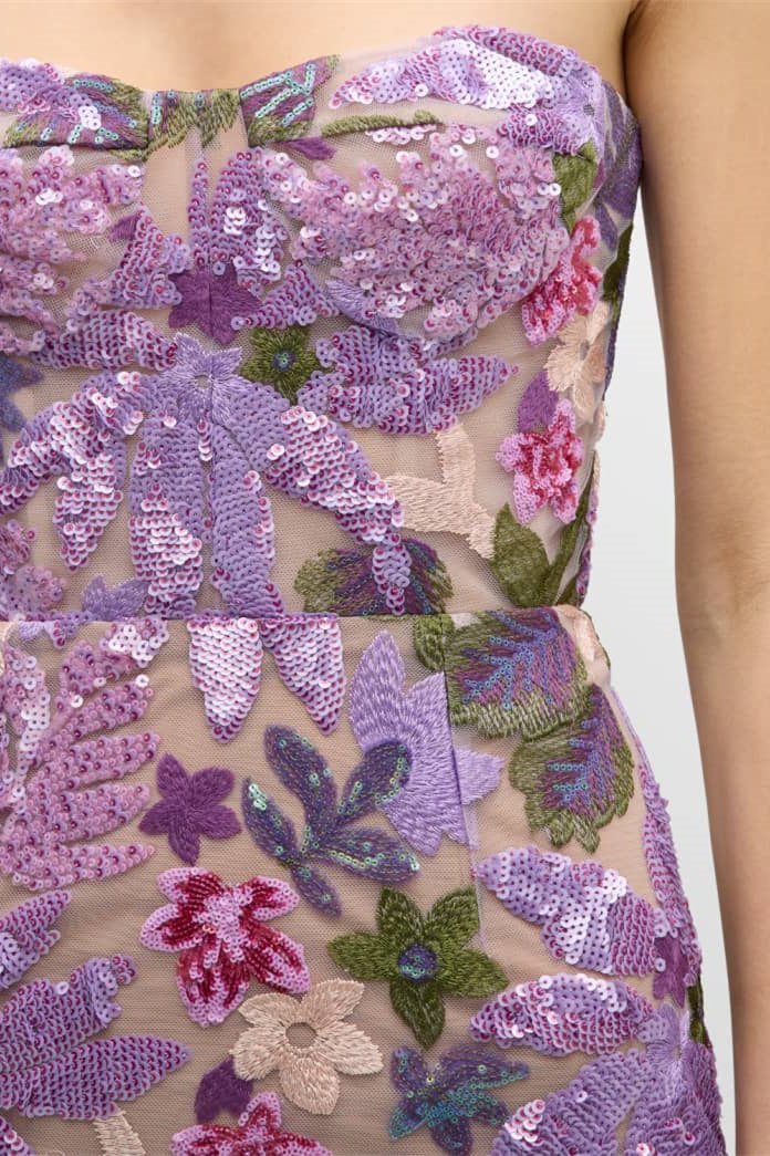 AURORA FLORAL-EMBROIDERED STRAPLESS MAXI DRESS