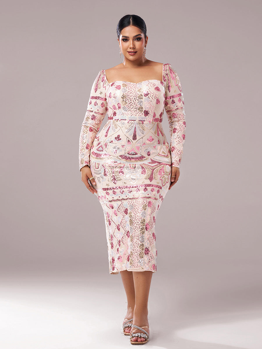 Square Neck Long Sleeve Split Sequin Dress