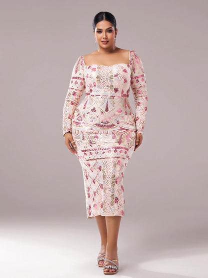Square Neck Long Sleeve Split Sequin Dress