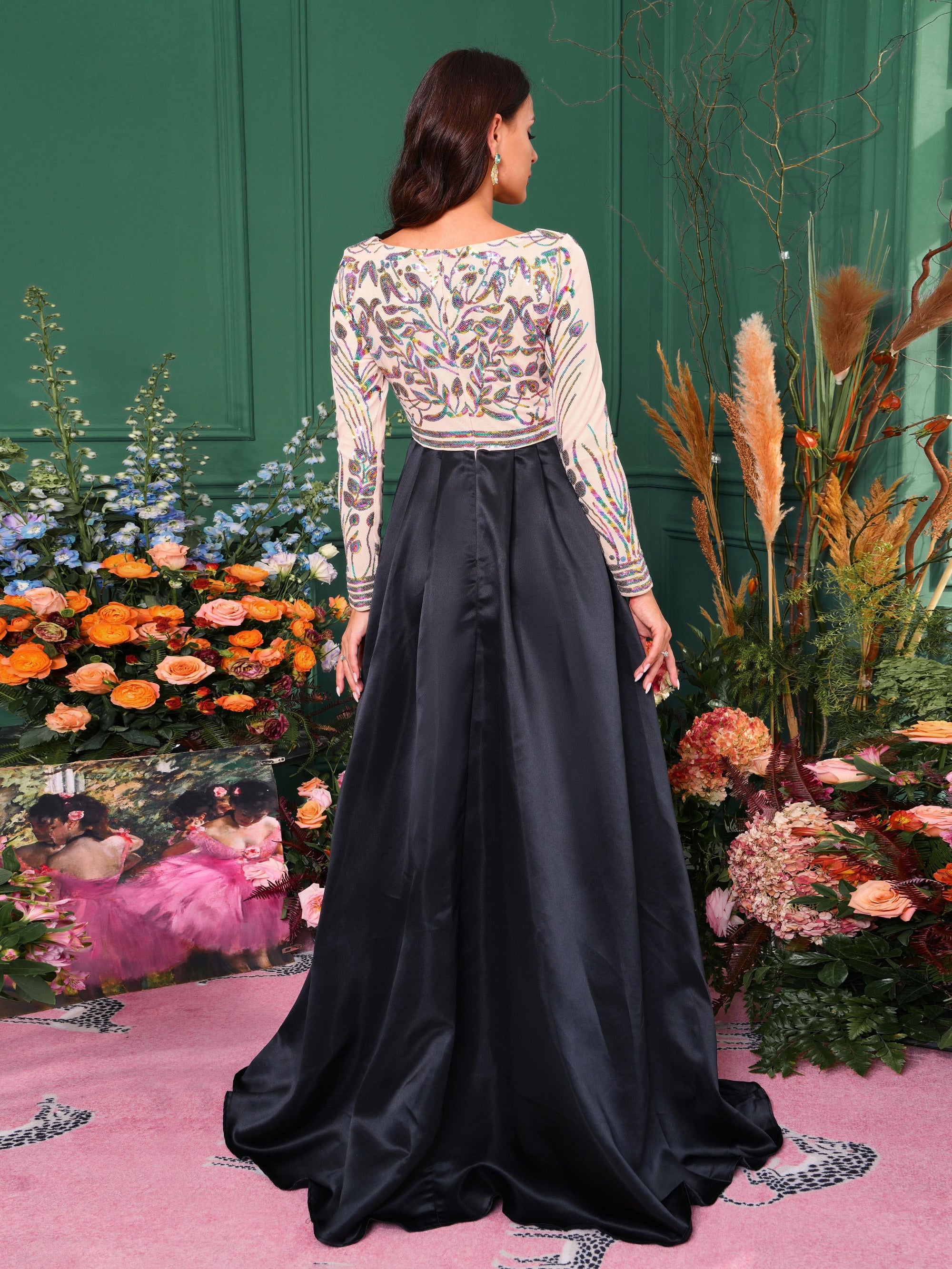 Formal A-Line Satin Panel Black Ball Gown