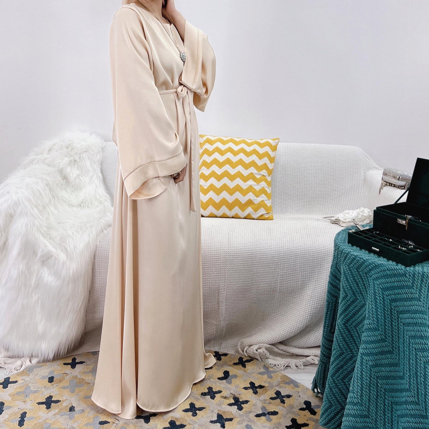 Satin Solid Color Abaya with Zip Pockets